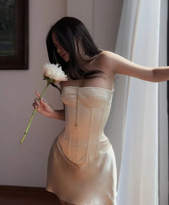 Simple Sheath Strapless Corset Champagne Off Shoulder Satin Short Homecoming Dress