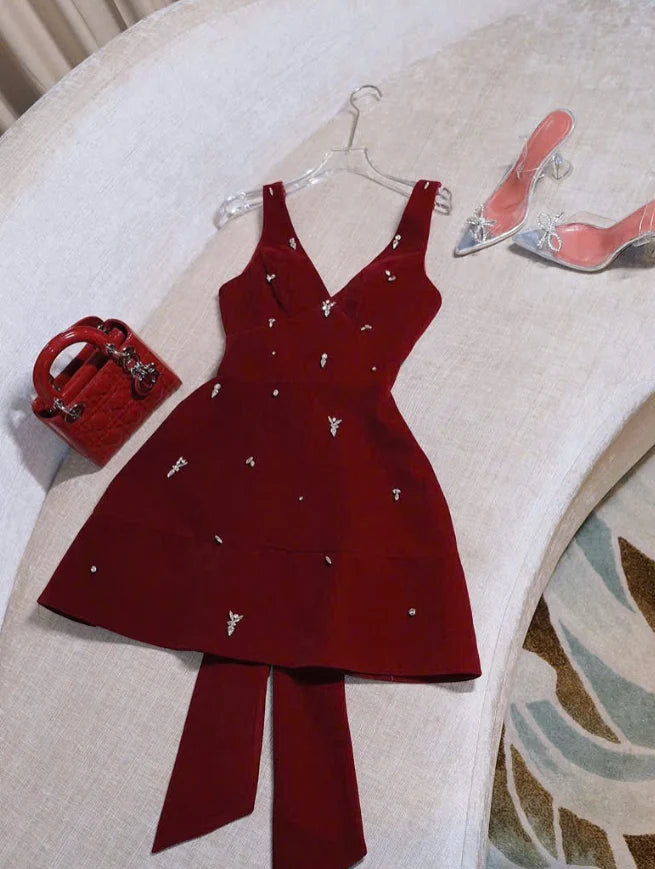 Burgundy A Line V Neck Rhinestone Satin Prom Dress Evening Dress with Bow