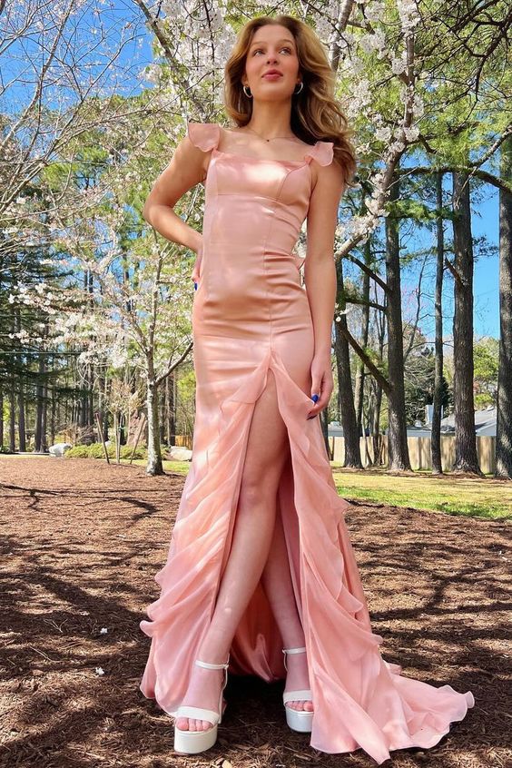 Light Pink Mermaid Straps Ruffle Chiffon Satin Prom Dress Evening Dress with Slit