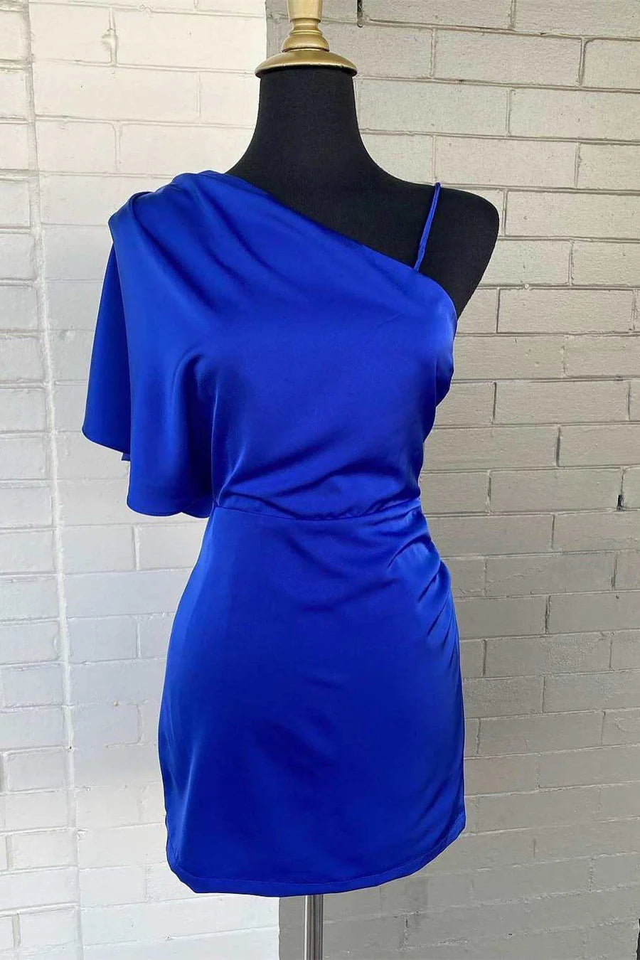 Asymmetrical Royal Blue One Ruffled Sleeve And Another Spaghetti Strap Short Party Dress