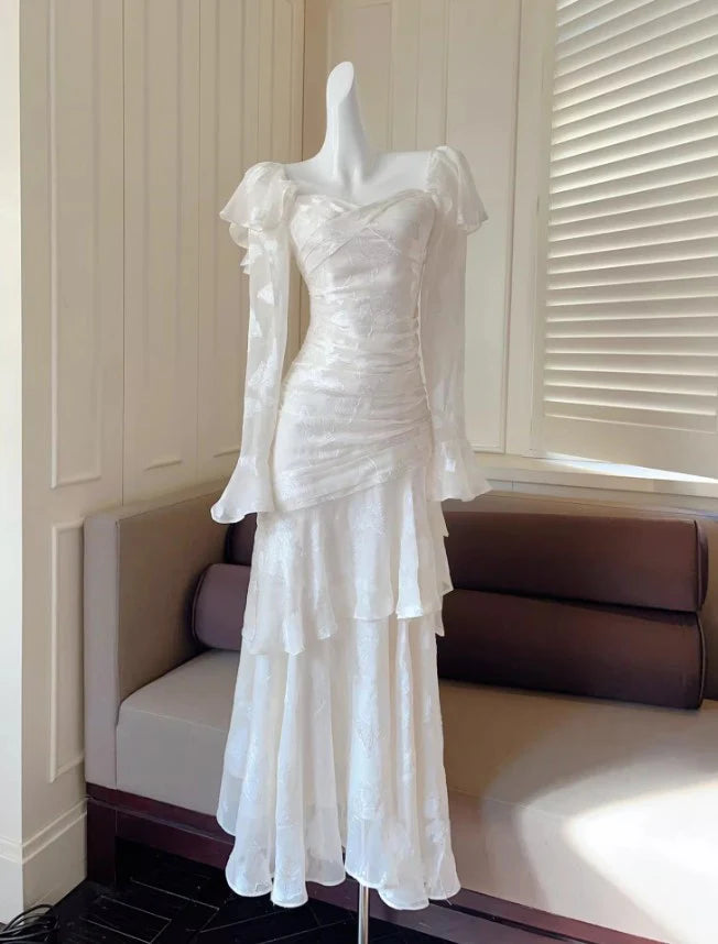 Chiffon Jacquard Elegant Light Apricot Long Sleeves Ruffled Evening Dress