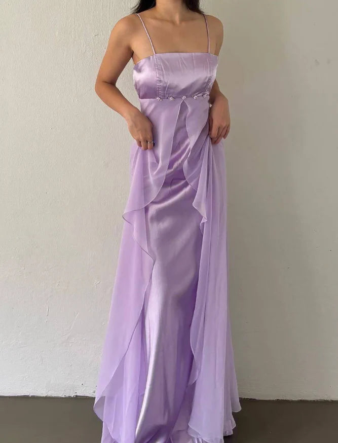 Cute A Line Spaghetti Strap Purple Satin Chiffon Long Prom Dress