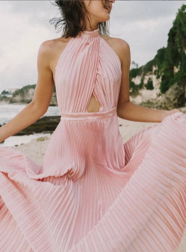 Halter Light Pink Satin Long Prom Dress Elegant A Line Evening Dress