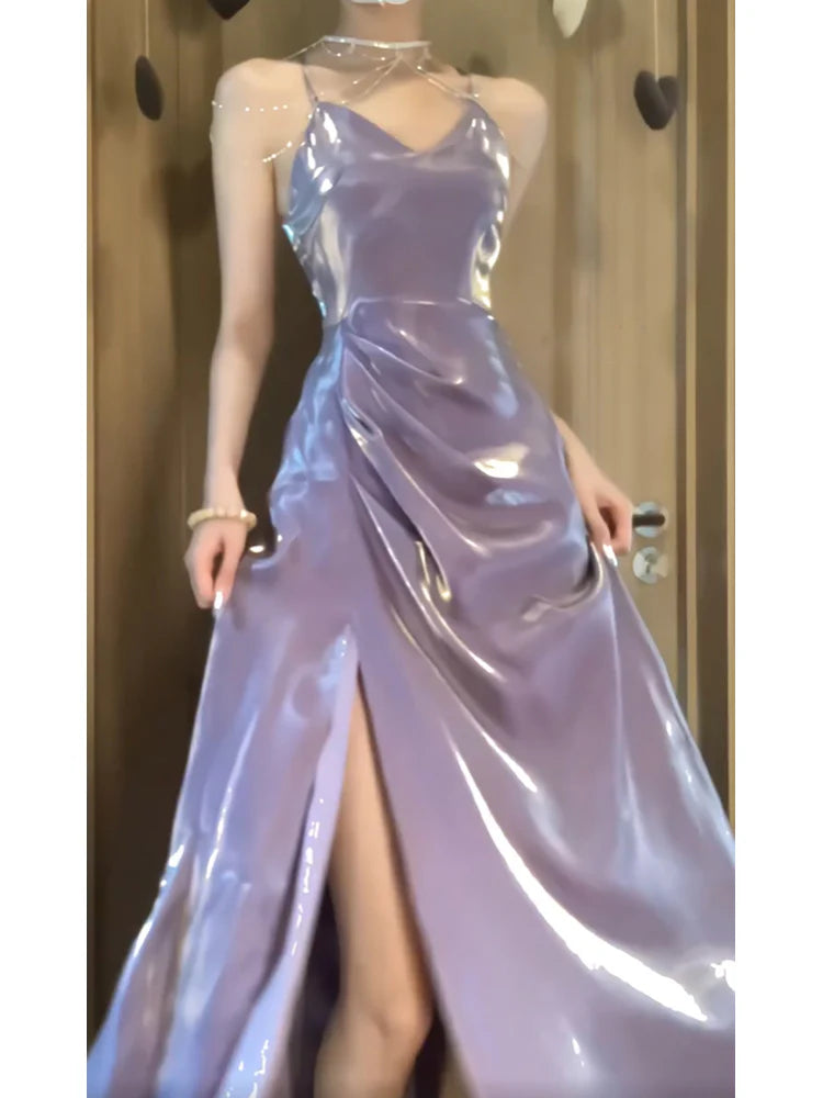 Sexy A line Women's Beach Dress Slit Vacation Dresses Spaghetti Straps Grape Prom Dress