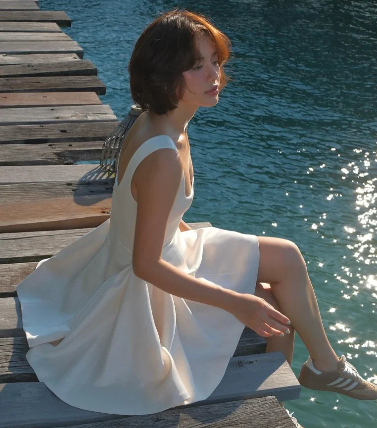 Straps Ivory Satin Short Homecoming Dress Simple A Line Birthday Dress