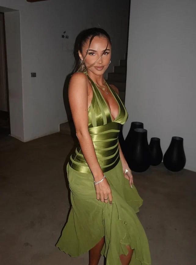 Elegant A Line Halter Green Satin Chiffon Open Back Prom Dress