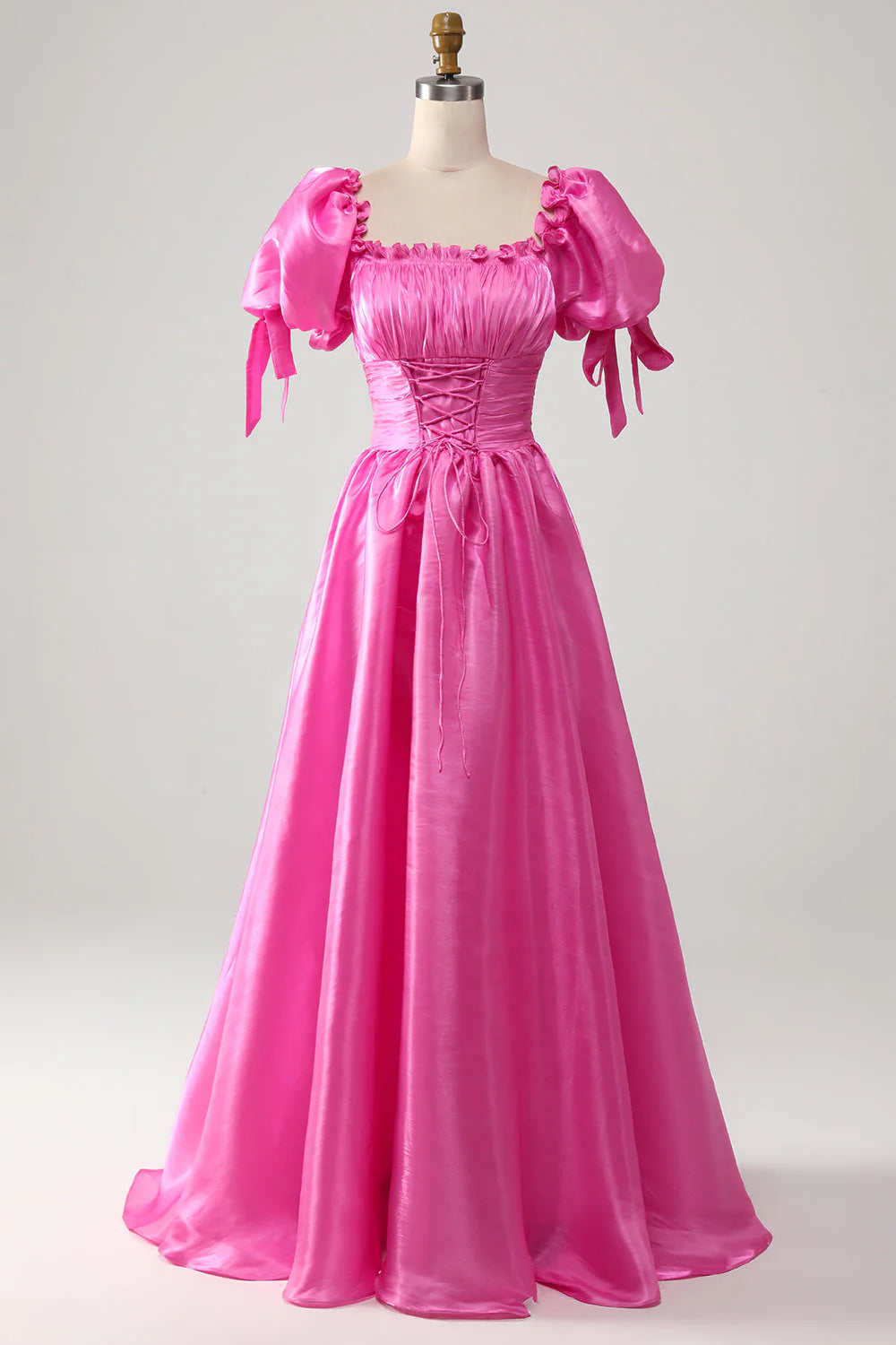 Puff Sleeves Hot Pink Retract Your Waist Prom Dress With Ruffles