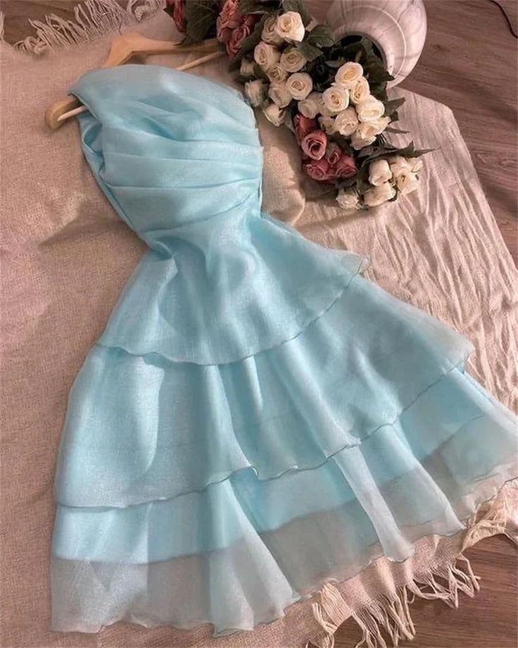 Blue A Line One Shoulder Tiered Organza Short Homecoming Dress Outfits
