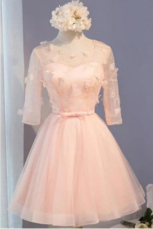 Short Prom Dresses A Line Half Sleeves Knee Length Tulle Dress with Flowers