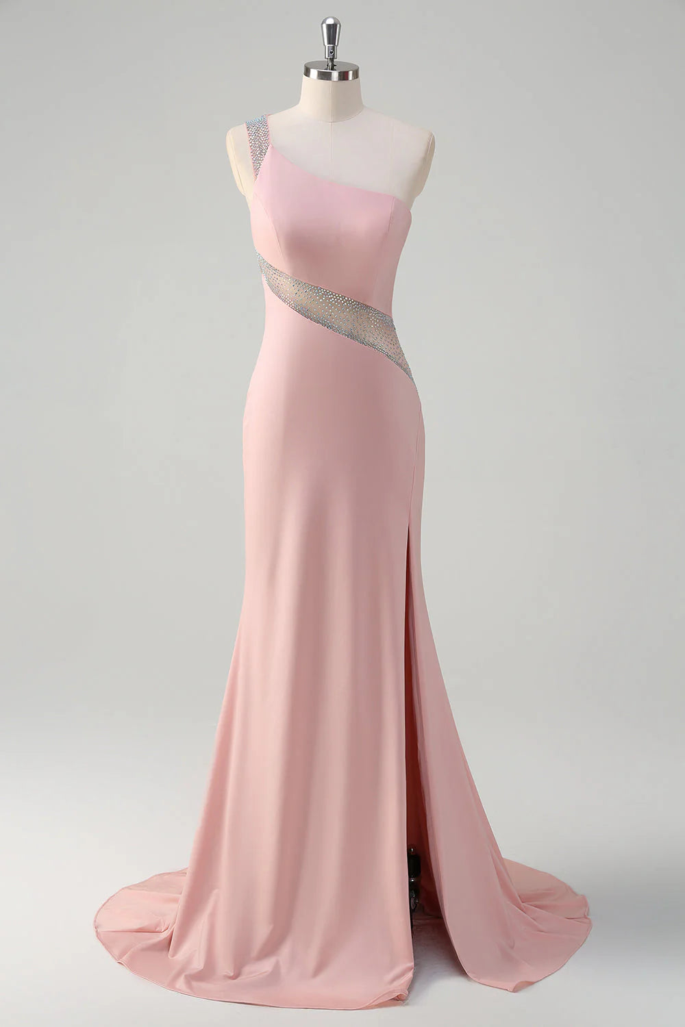 Sparkly Light Pink Mermaid One Shoulder Beaded Satin Long Prom Dress With Slit