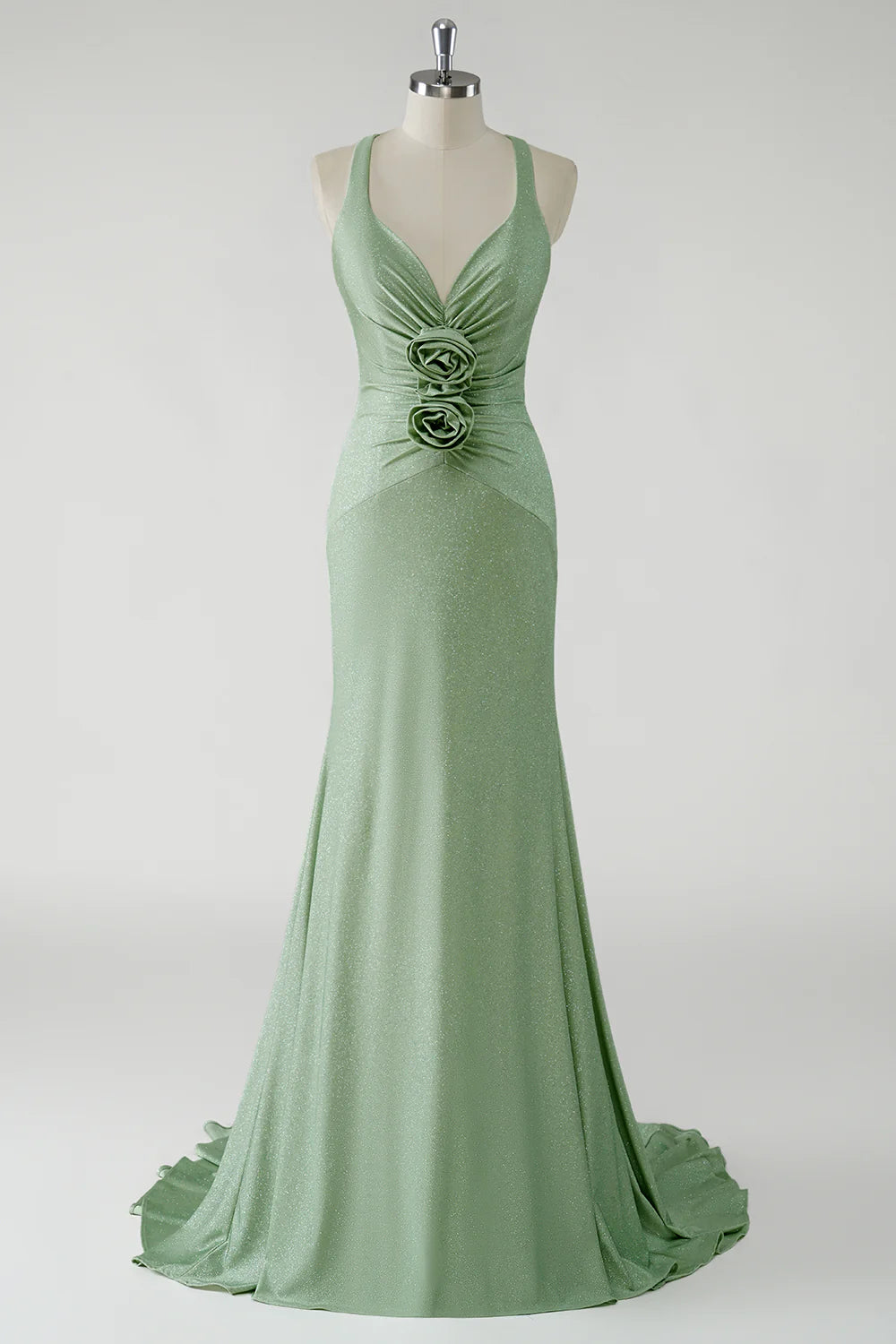 Sparkly Green Mermaid Long Slim-fit Prom Dress With 3D Flowers