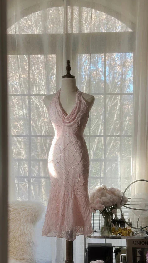 Cute Mermaid Halter Beaded Light Pink Chiffon Short Party Dress