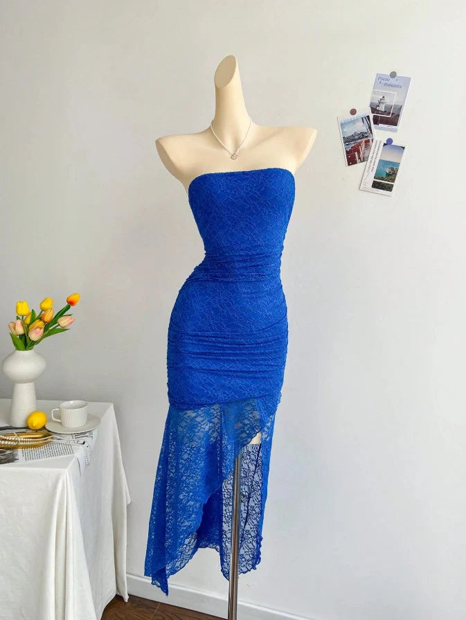 Blue Lace Bodycon Short Party Dress Strapless Backless Gorgeous Royal Evening Dress