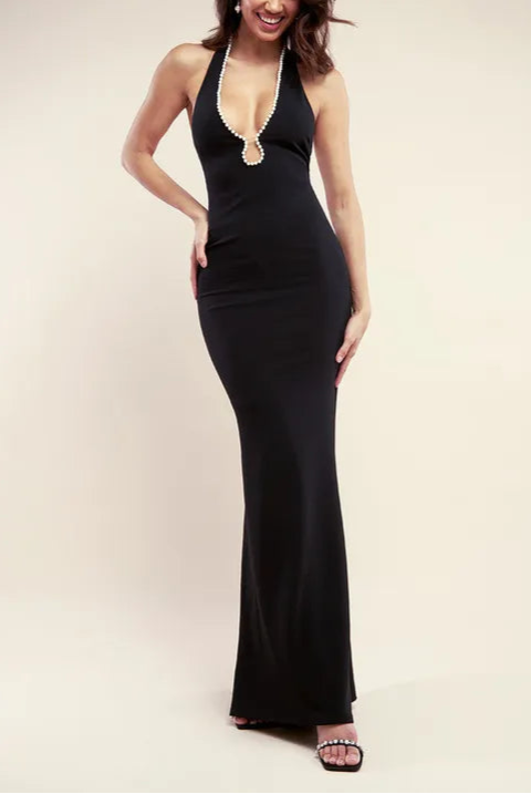 Full of charm Pearl & Scuba Halter Neck Slim-fit Bridesmaids Maxi Dress