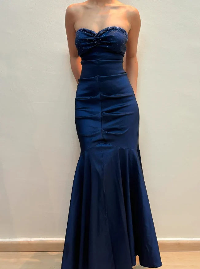 Vintage Mermaid Sweetheart Neck Beaded Navy Blue Satin Prom Dress