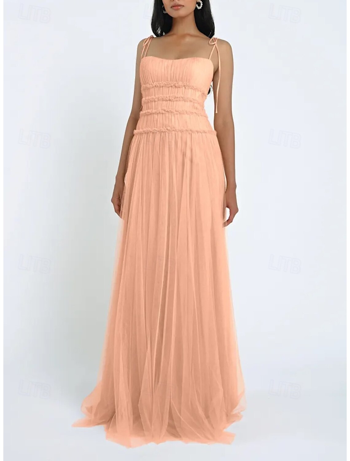 New Arrival Strapless Peach pink A-line Bridesmaid Dress Tulle Floor length Party Dress