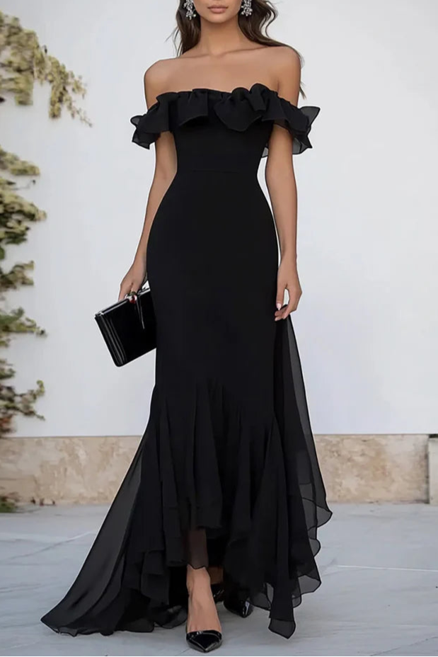 Full of charm Black Off the Shoulder Slim-fit Long Formal Dress