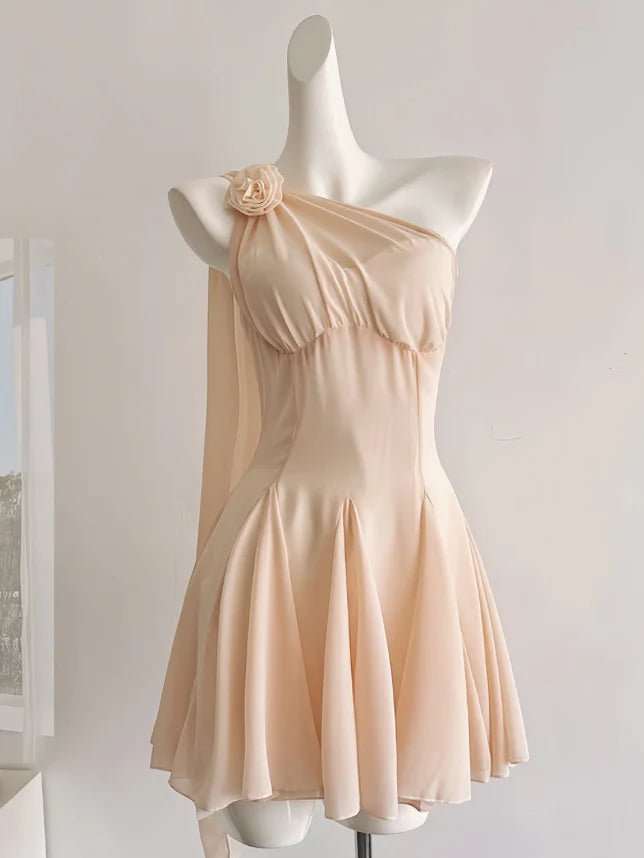 Apricot A Line One Shoulder Flower Chiffon Sense of design Short Homecoming Dress