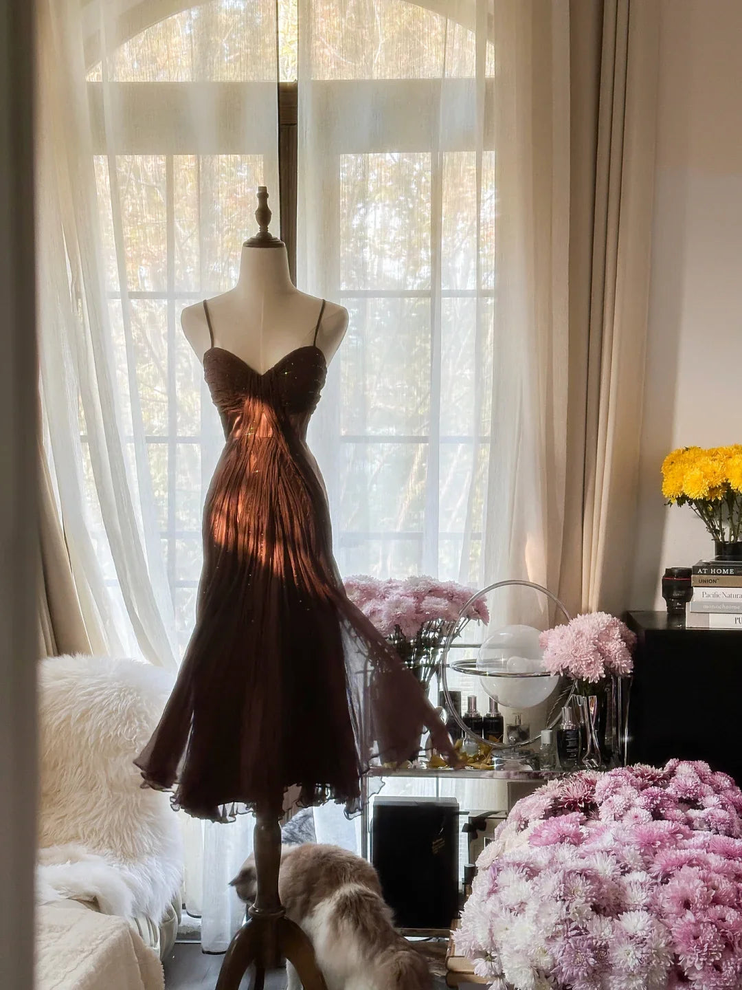 Cute A Line Spaghetti Strap Brown Full of charm Chiffon Prom Dress