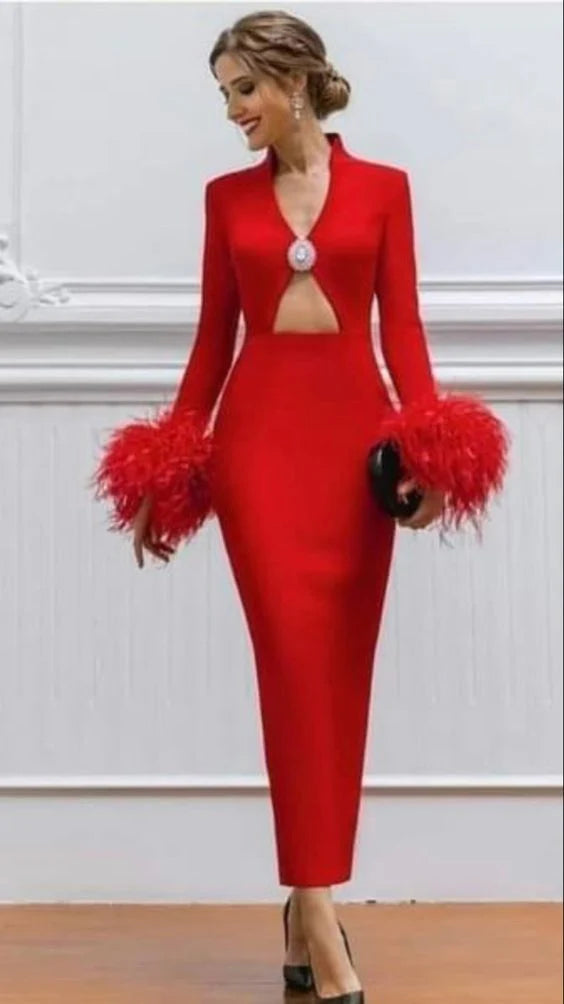 Full of charm feather patchwork long sleeves slim-fit elegant prom dress