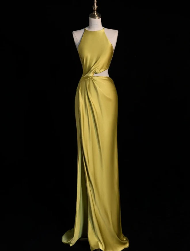 Yellow Sheath Halter Satin Open Back Prom Dress Graduation Party Dress with Slit