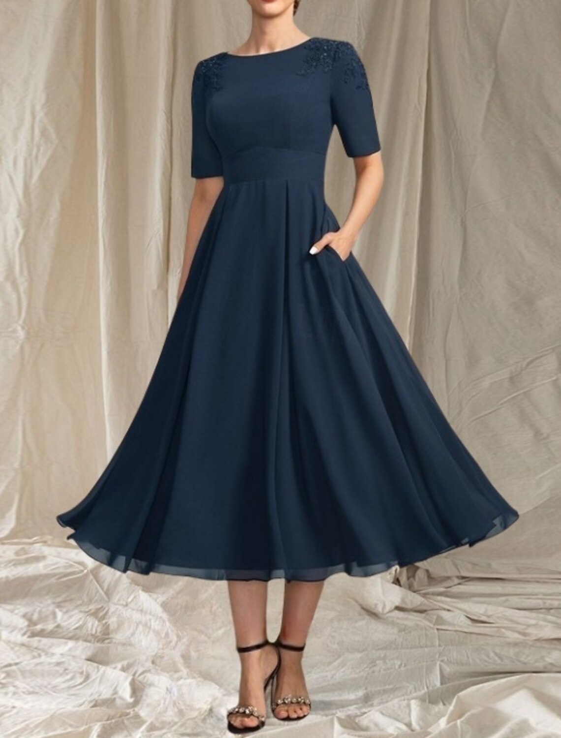 A-Line Mother of the Bride Dress Wedding Guest Elegant Crew Neck Tea Length Chiffon Short Sleeve with Beading Appliques Midi Dress