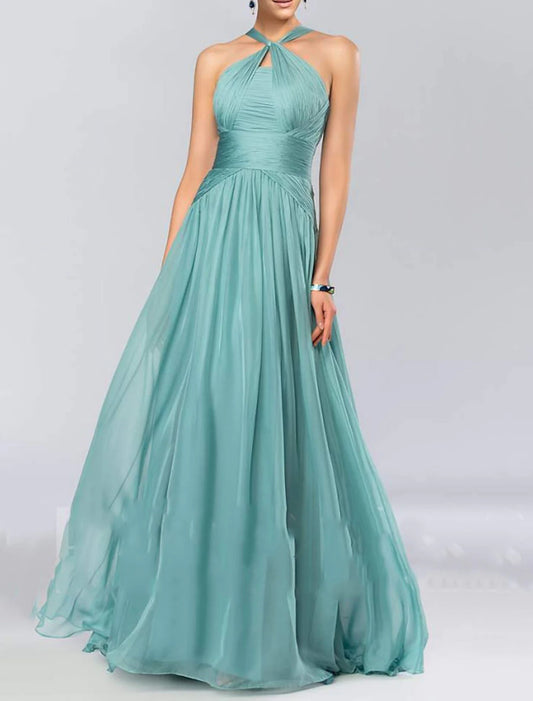 A-Line Bridesmaid Dress Halter Neck Sleeveless Elegant Floor Length Chiffon with Pleats