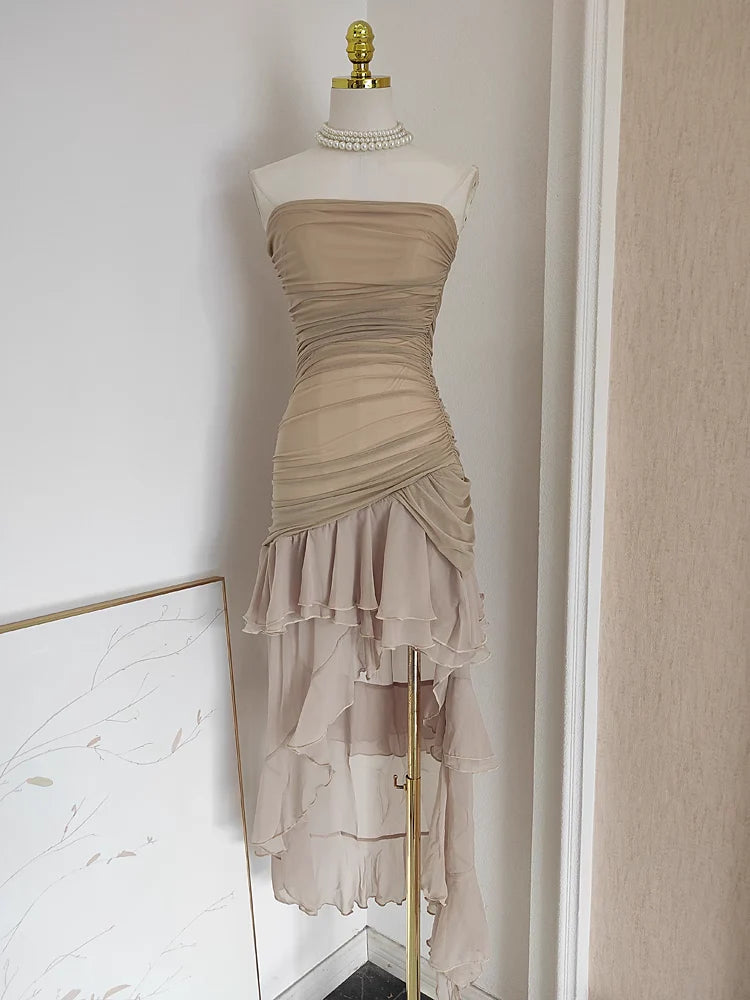 Sexy Sheath Strapless High Low Women's Holiday Dresses Champagne Prom Outfits