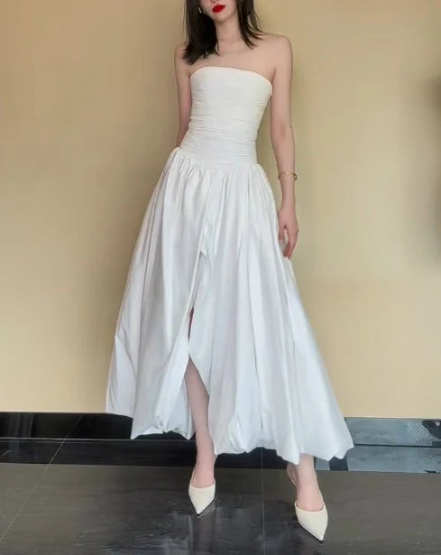 Strapless Satin Pleated A-Line Bridesmaid Dresses Elegant Backless Fashion White Evening Dresses with Slit