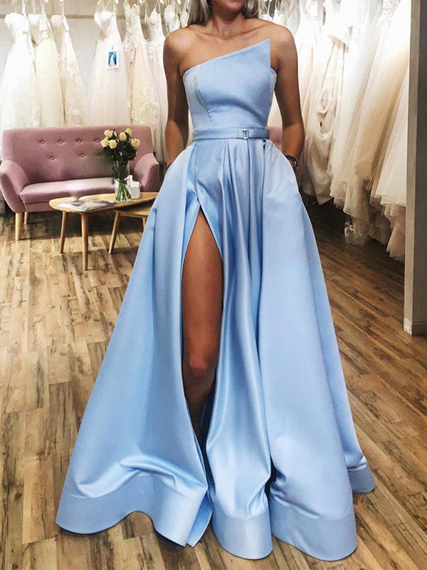 Blue Simple Modest A-line Satin  Party Elegant Long Prom Dresses with Slit