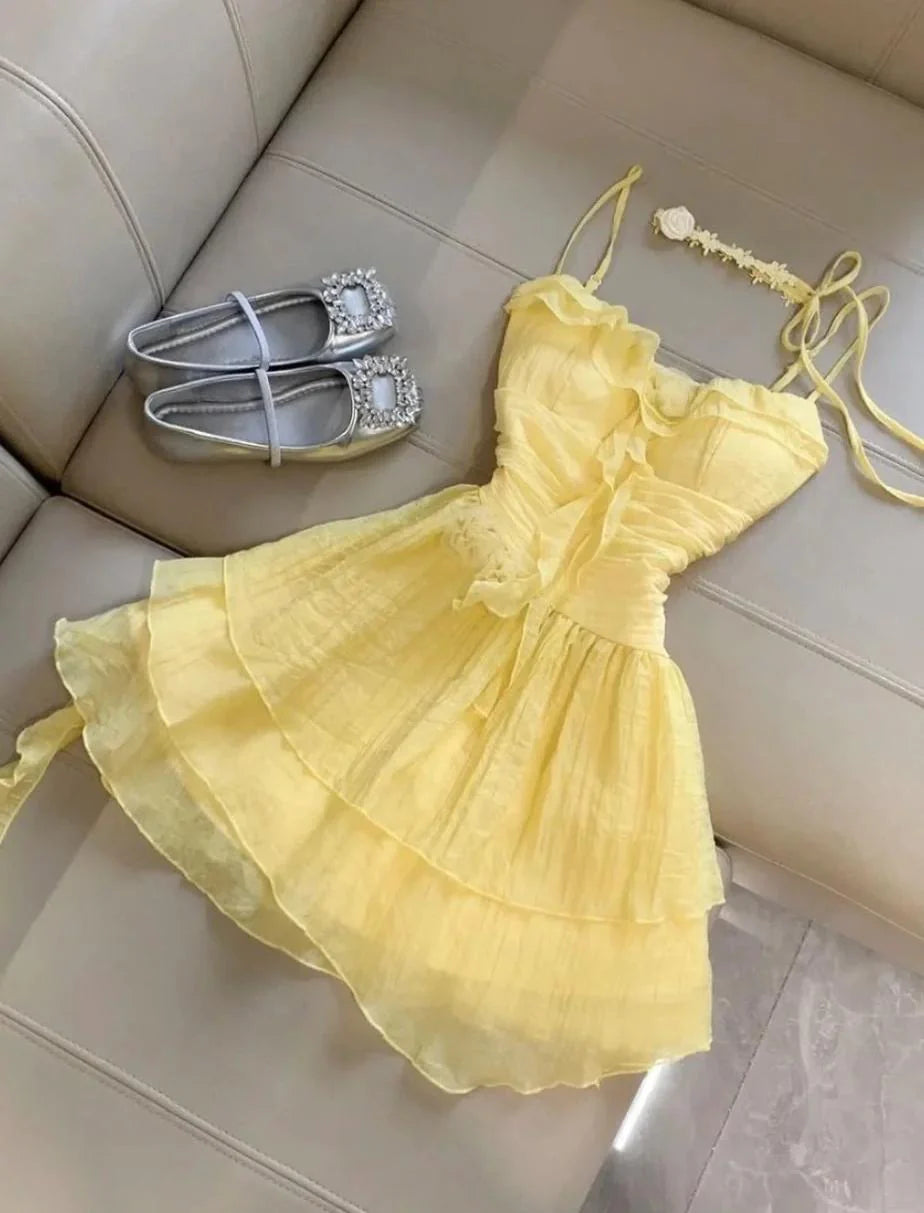 Spaghetti Straps A-Line Chiffon Short Prom Dresses Cute Butter Yellow Homecoming Dress