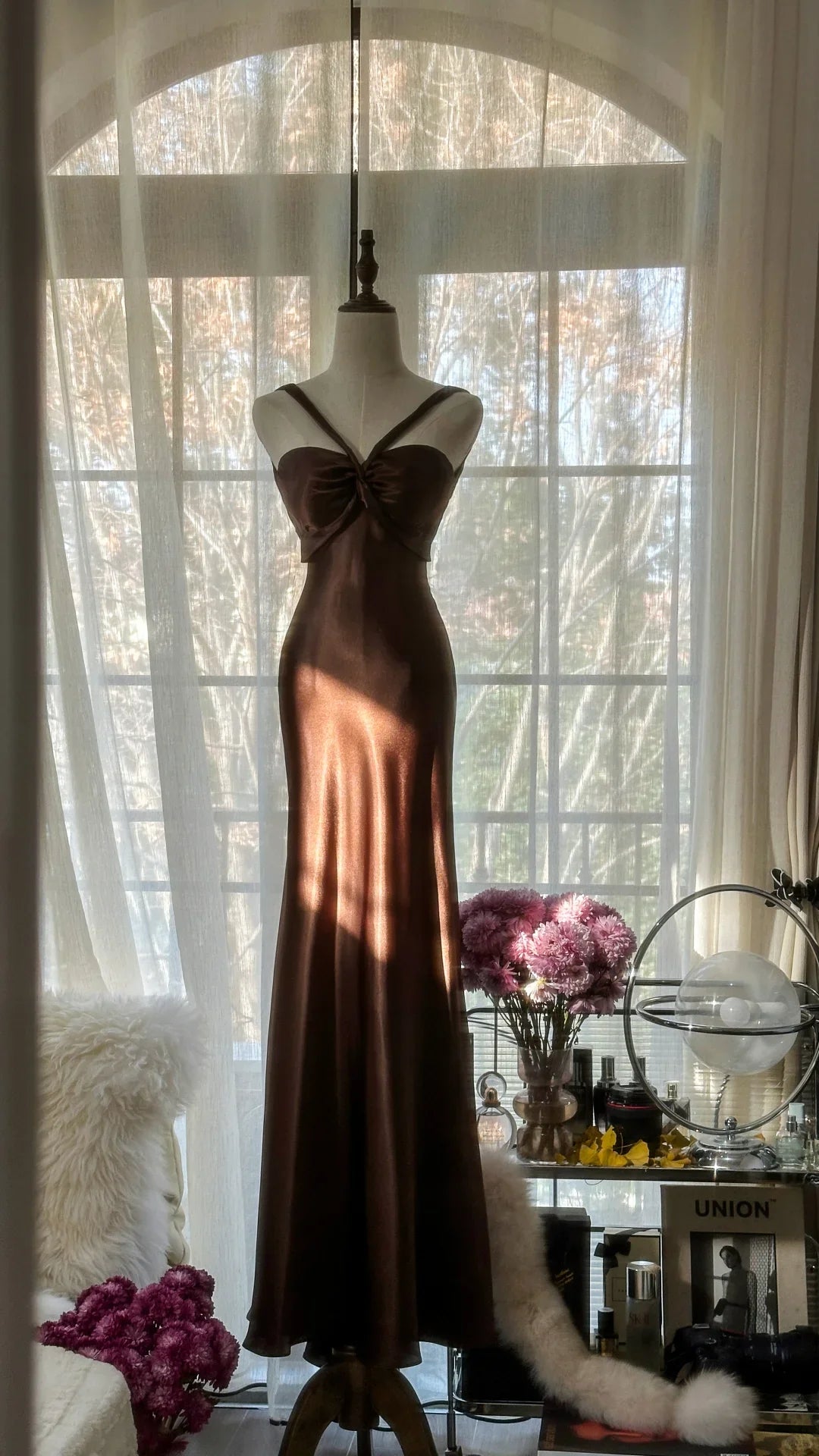 Sexy Mermaid Halter Brown Satin Long Open Back Party Dress Evening Dress