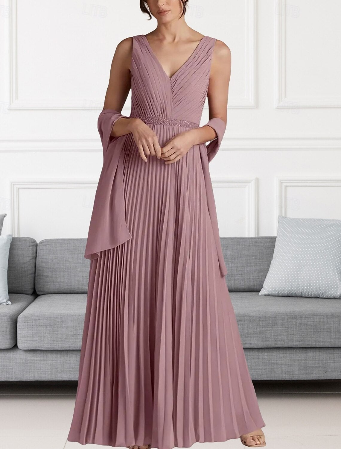 A-Line Mother of the Bride Dress Wedding Guest Elegant V Neck Floor Length Chiffon Sleeveless Wrap Included with Beading Ruching