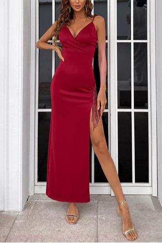 Unique design Burgundy V-Neck Fringe Side Slit Backless Long Evening Dress