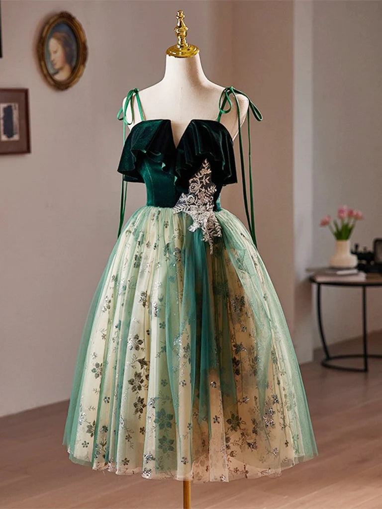 A-Line Tulle Sequin Velvet Green Short Prom Dress, Retract Your Waist Homecoming Dress