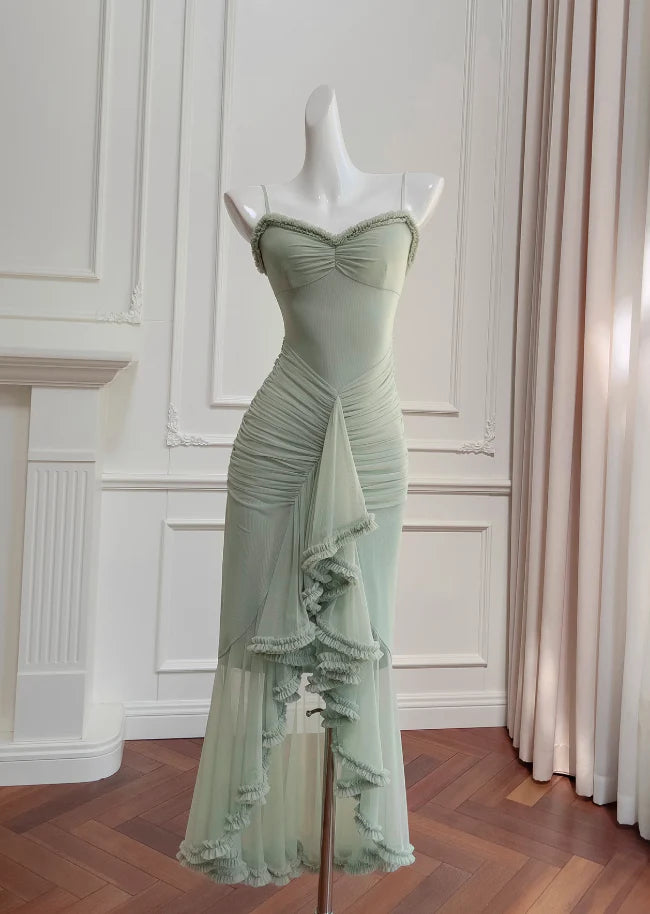 Pea Green Suspender Long Appropriate color matching Slim-fit Party Dress