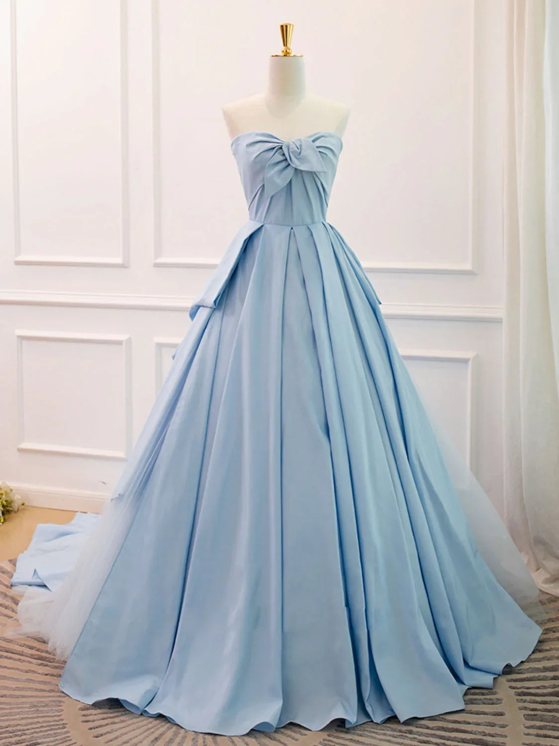 A Line Sweetheart Neck Blue Satin Tulle Unique design Long Prom Dress