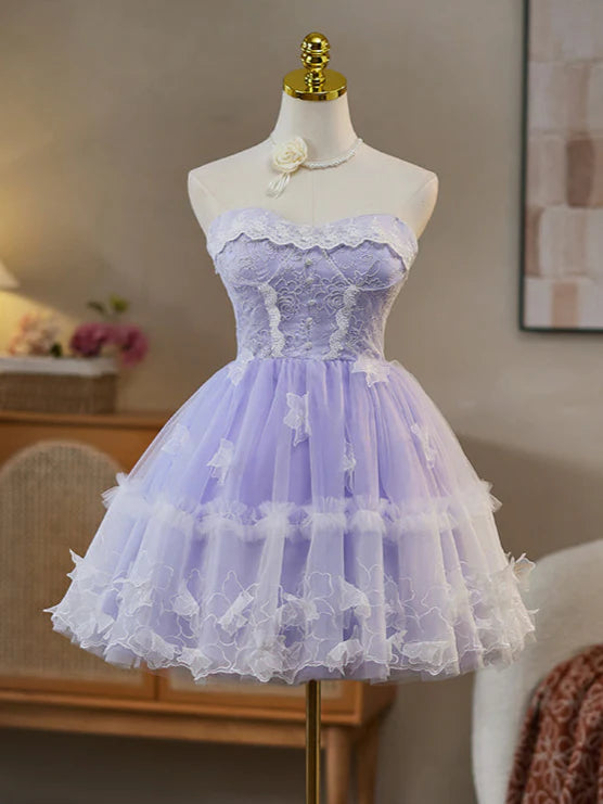 A-Line Lace Purple Short Prom Dress, Sweetheart Neck Tulle Homecoming Dress