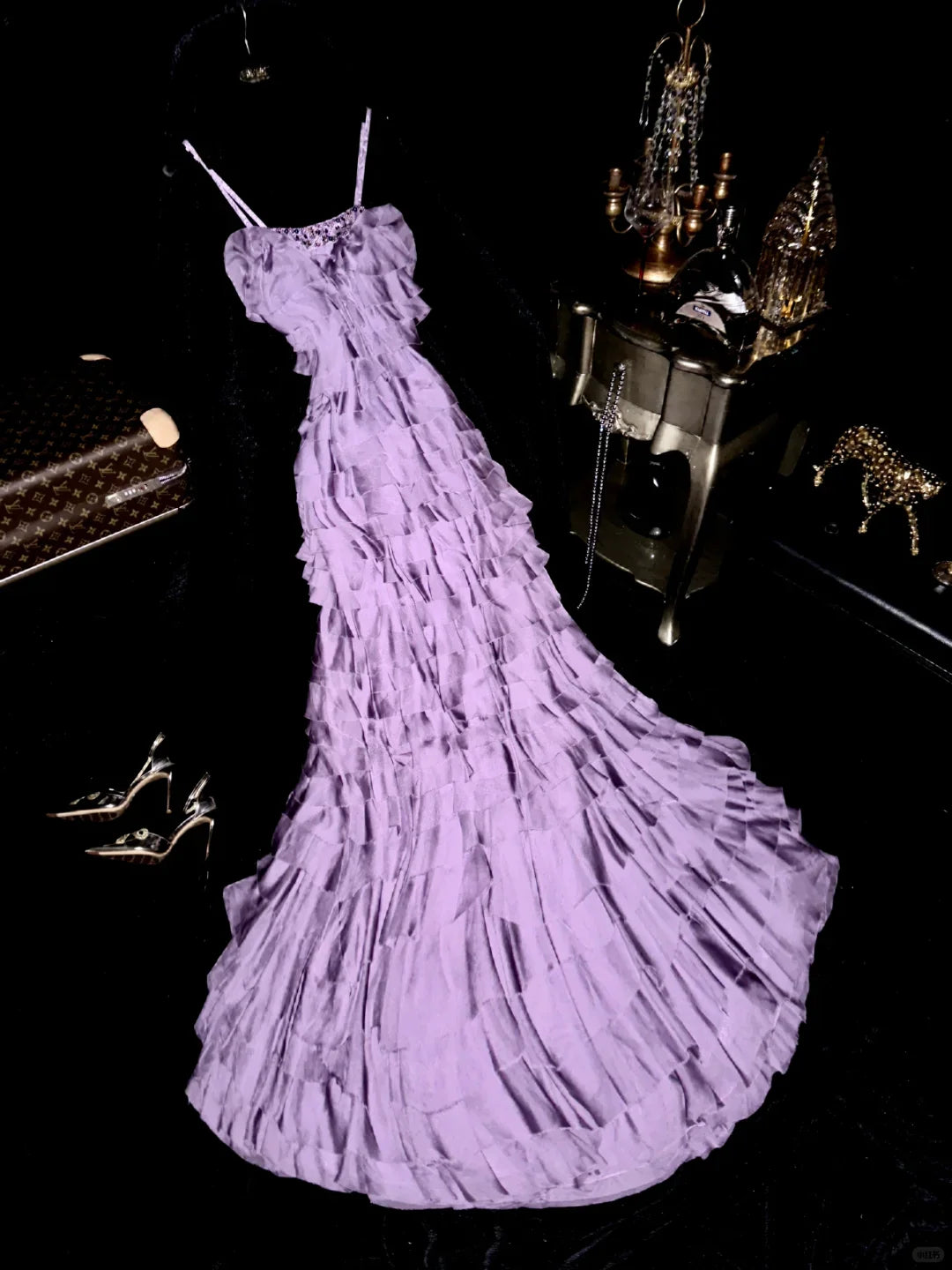 Vintage Mermaid Spaghetti Strap Purple Sequin Beaded Satin Long Sweep Party Dress
