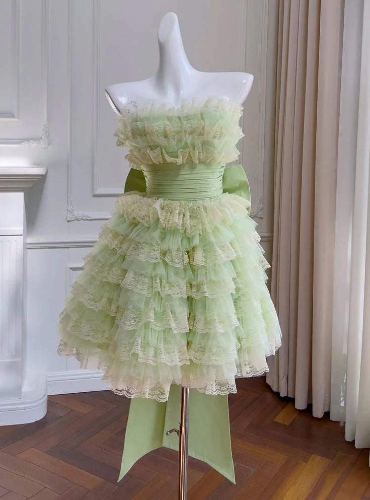 Strapless A-Line Tulle Lace Short Prom Dresses Gorgeous Green Homecoming Dress