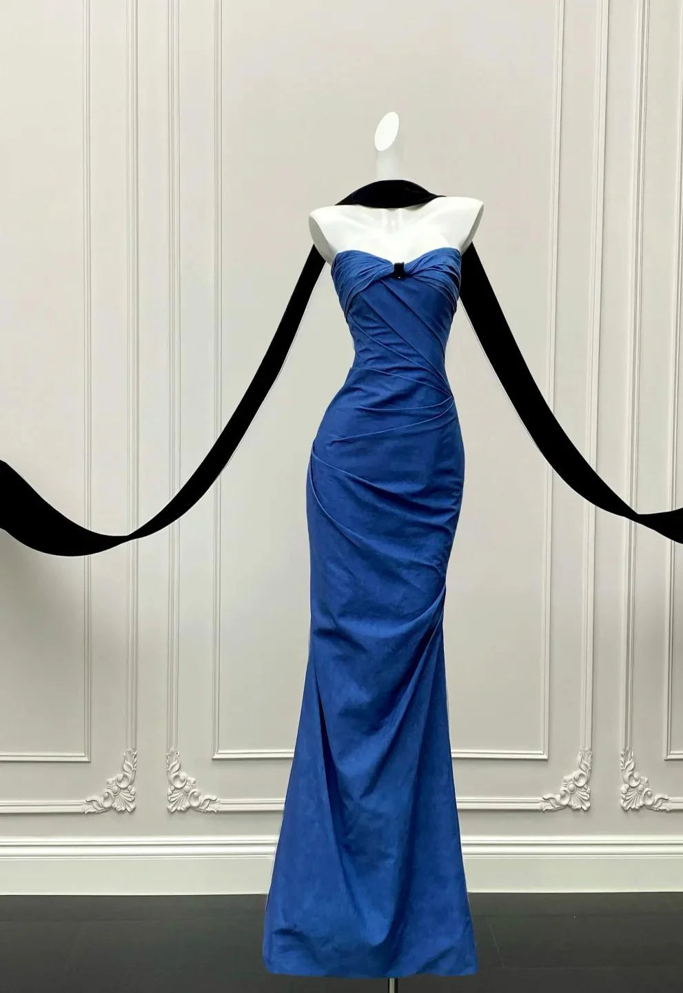 Elegant Blue Strapless Satin Long Prom Dresses Mermaid Formal Evening Gowns