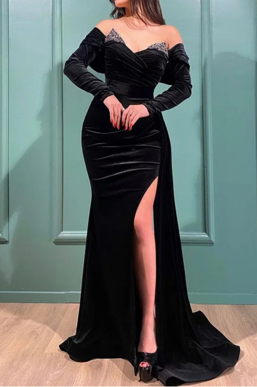 Unique design Black Long Sleeves Off Shoulder Evening Dress Split With Beads