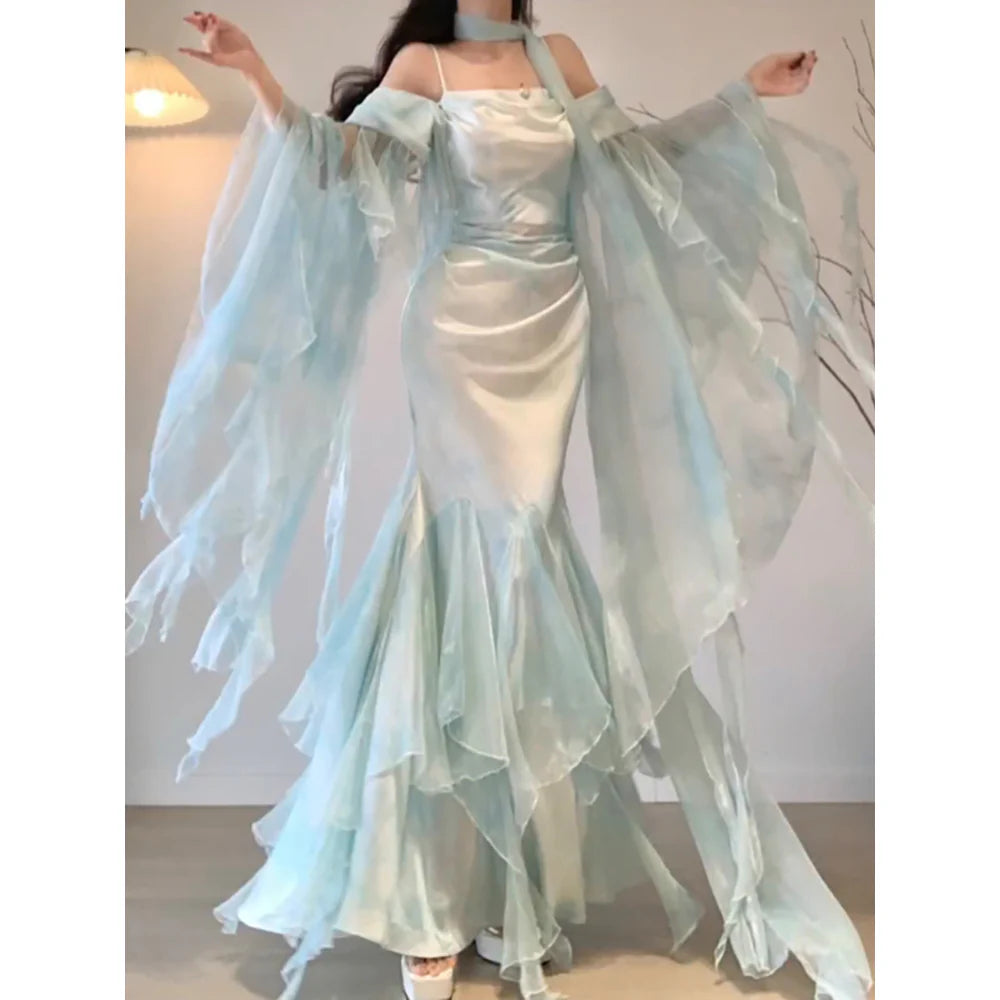 Chic Mermaid Light Green Chiffon Long Prom Dress Spaghetti Straps Prom Dresses Birthday Outfits