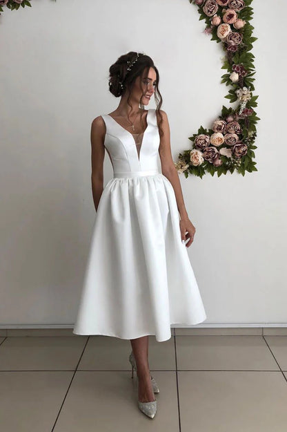 Simple v neck satin bridesmaid dress, tea length prom dress