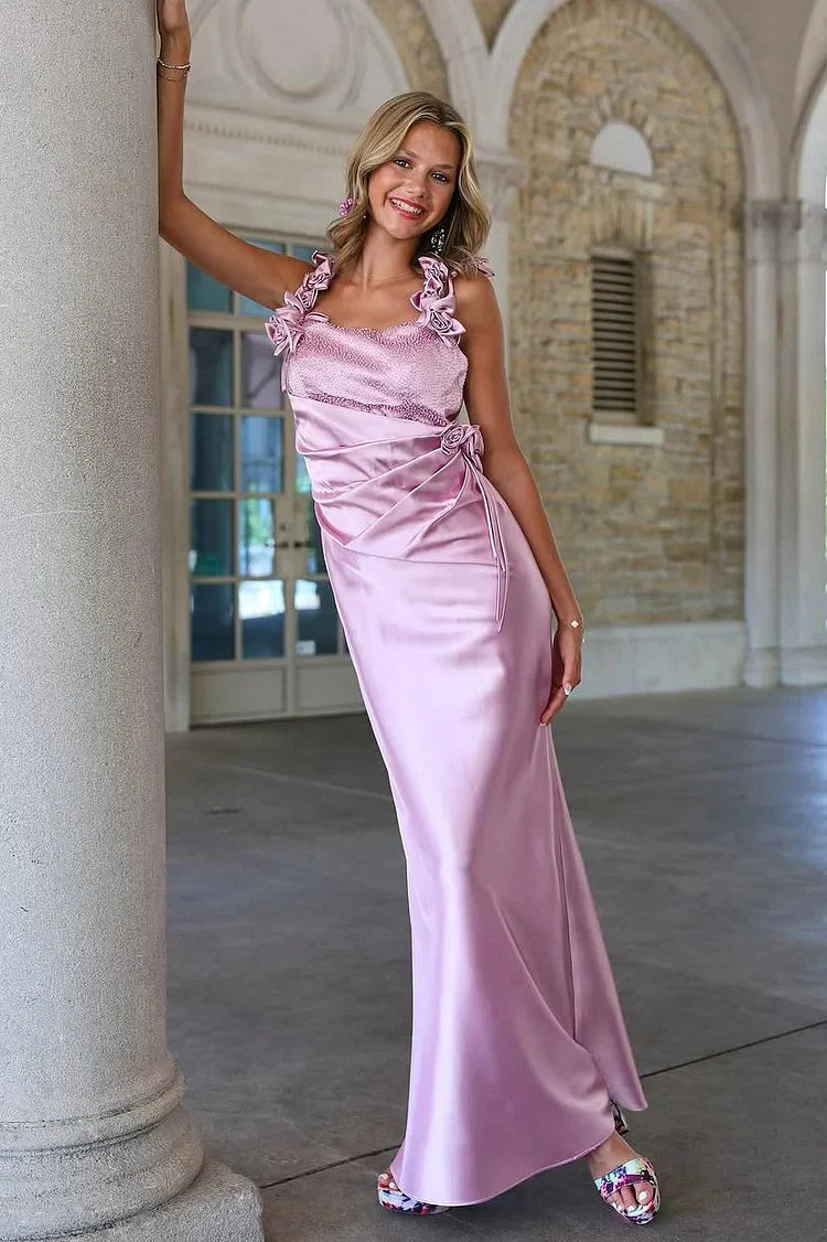 Unique design Simple Gray Pink Spaghetti Straps Satin Fashion Bridesmaids Dress