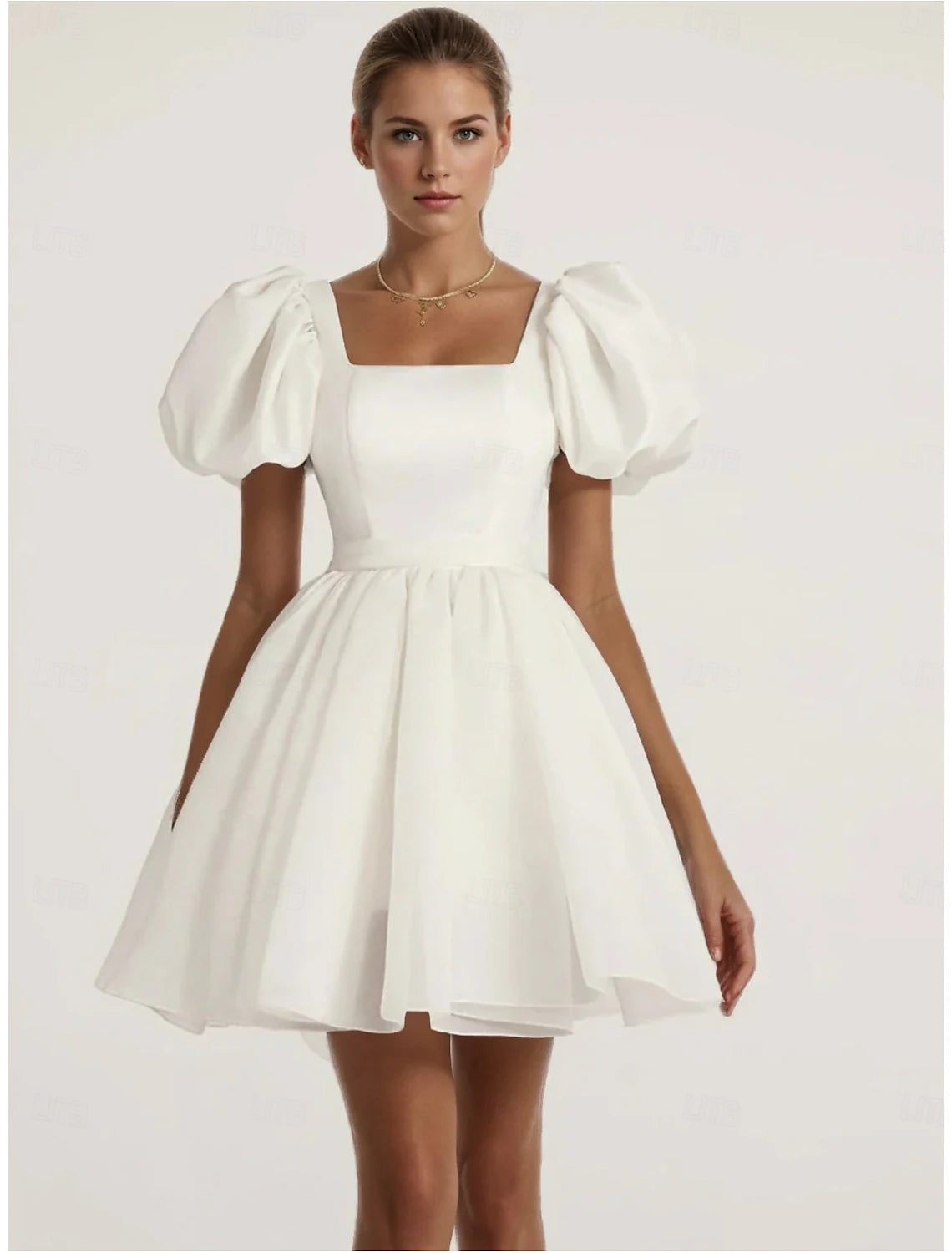 Engagement Little Graduation White Wedding Dresses A-Line Square Neck Short Sleeve Short Satin Bridal Gowns With Ribbon Bow(s)