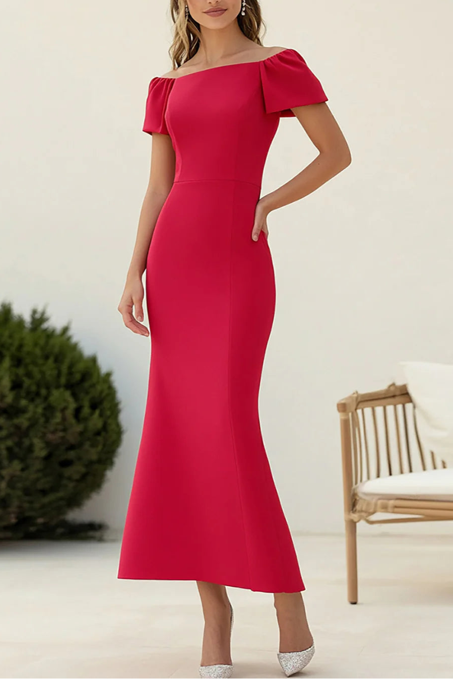 Simple and elegant Red Sheath Long Satin Evening Dress With Short Sleeves