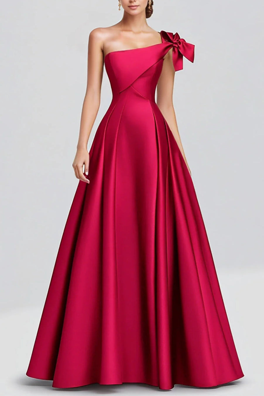 Fuchsia A-Line One Shoulder Bow Satin Long Retract Your Waist Formal Dress