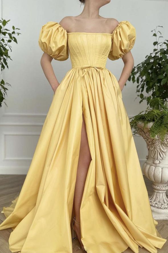 Yellow satin long prom dress retract your waist evening dress