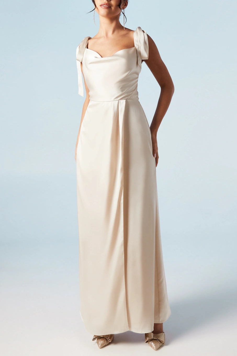 Tie Strap Cowl Neck A Line Retract Your Waist Bridesmaids Maxi Dress
